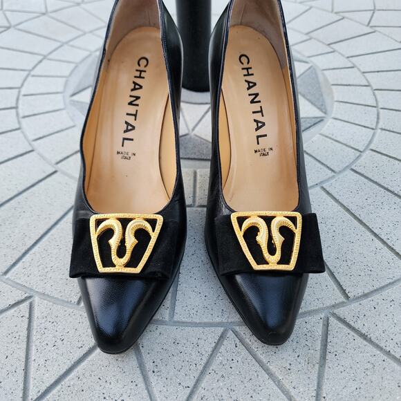 Chantal Black Leather Gold-Tone Applique Contrast Block Heel Pumps 8M - Picture 4 of 10